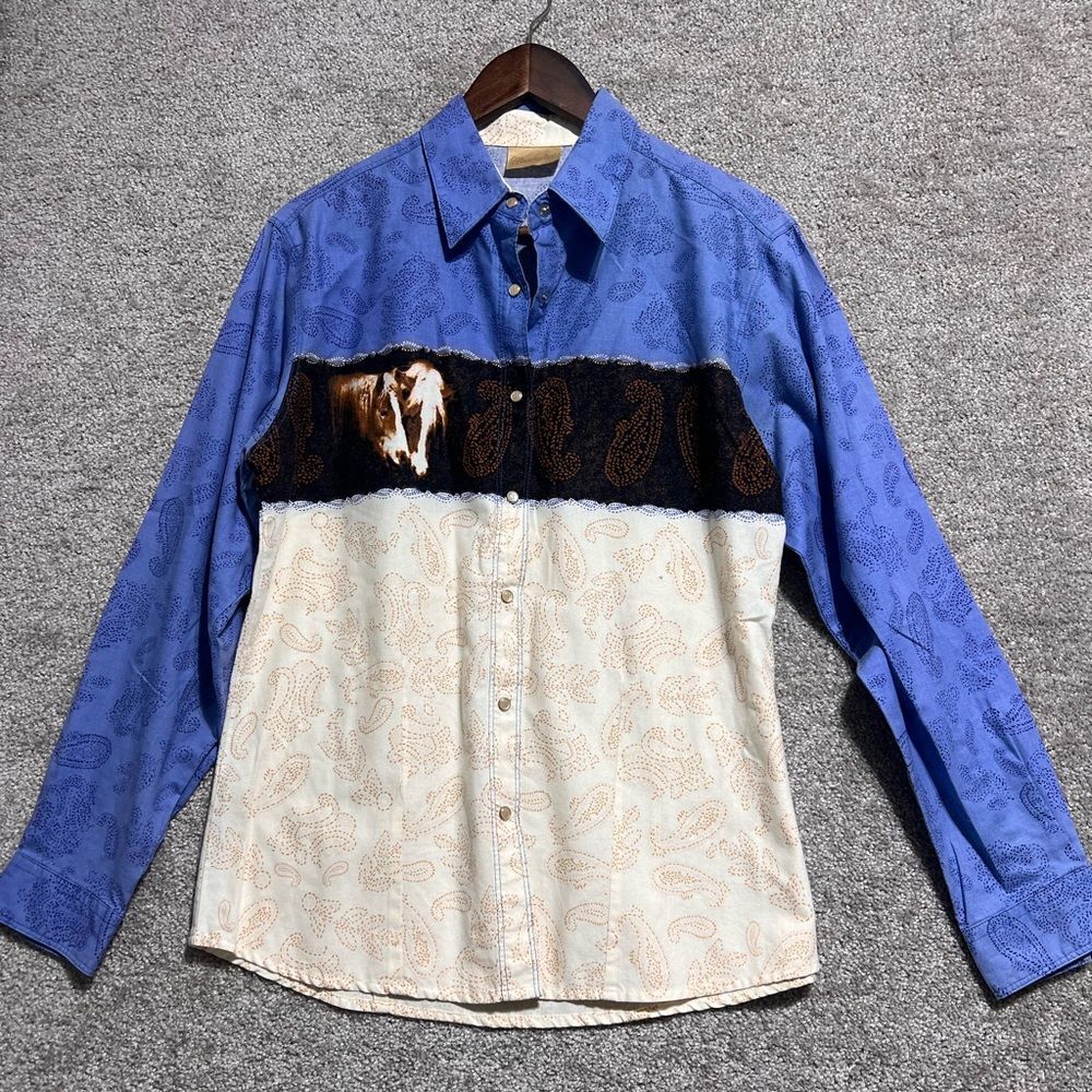Wrangler Horse Print Vintage Western Snap Button Long Sleeve Top Size Medium